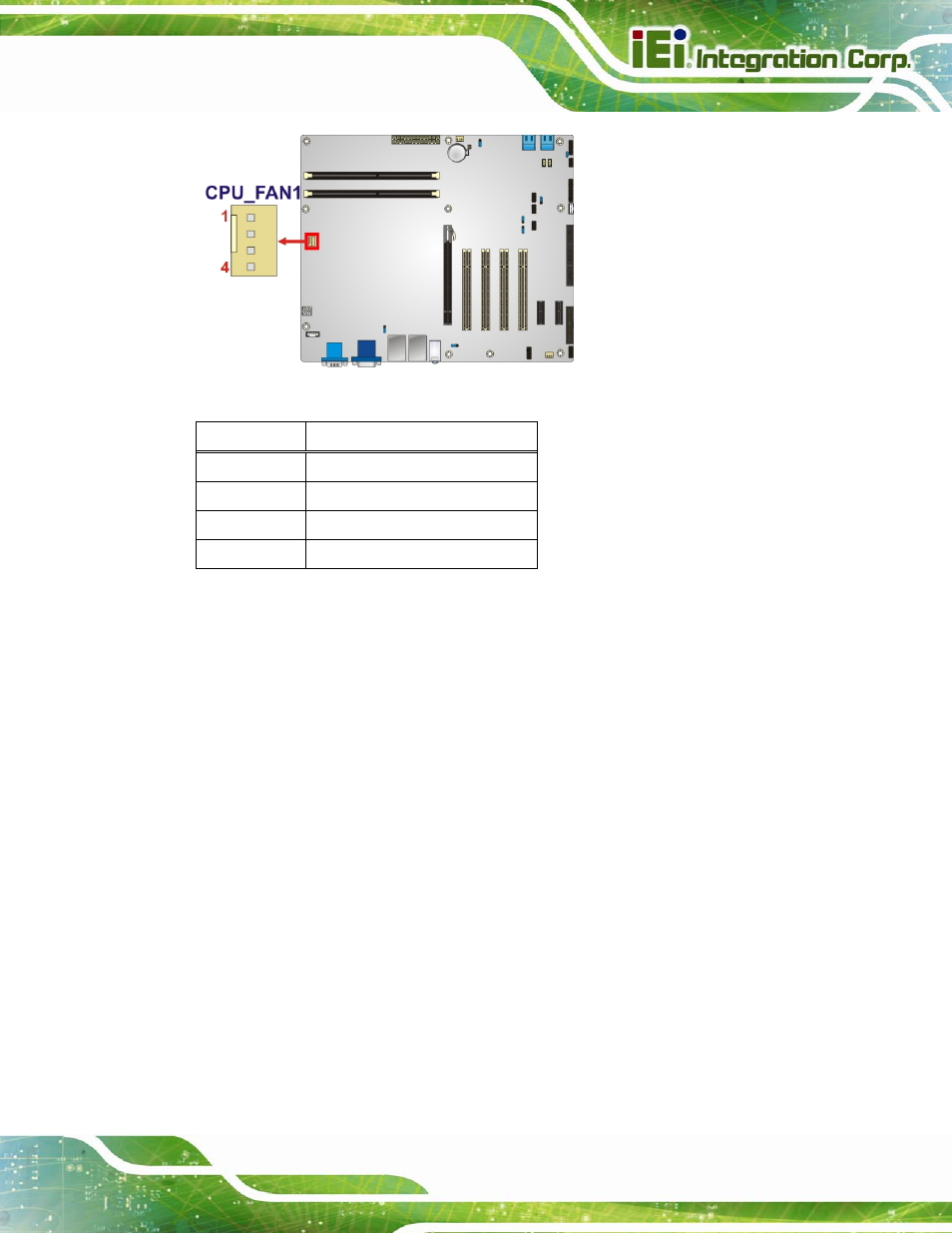 7 fan connectors (system), Figure 3-7: cpu fan connector location, Table 3-7: cpu fan connector pinouts | IEI Integration IMBA-H610 User Manual | Page 38 / 193