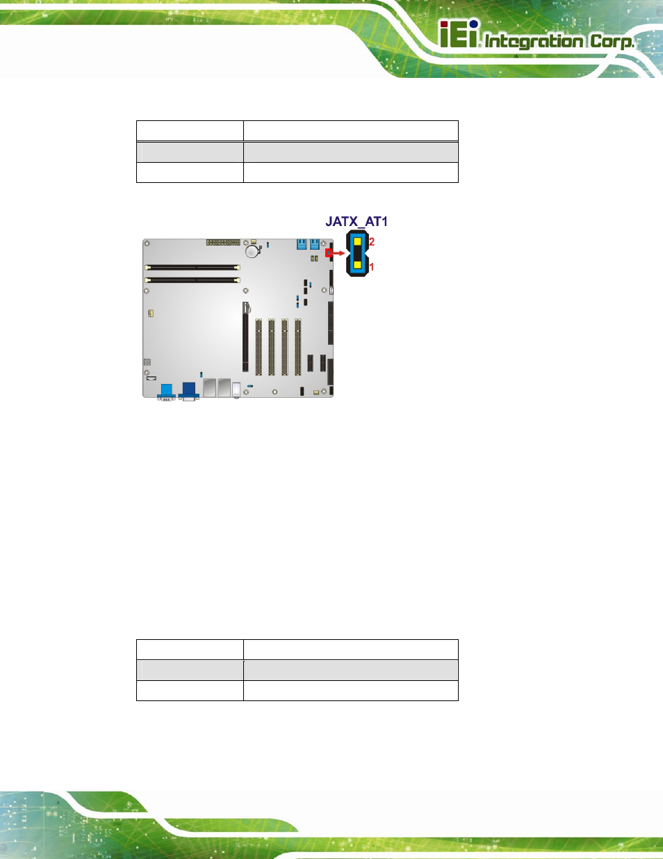 2 clear cmos jumper, Figure 4-7: at/atx power mode jumper location, Table 4-2: at/atx power mode jumper settings | Table 4-3: clear bios jumper settings | IEI Integration IMBA-H610 User Manual | Page 68 / 193