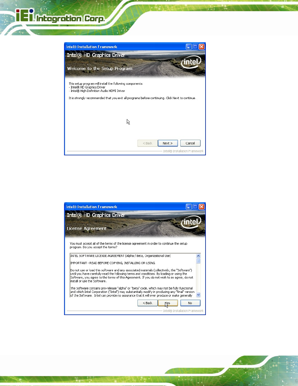 Figure 6-8: graphics driver welcome screen, Figure 6-9: graphics driver license agreement | IEI Integration IMBA-Q770 User Manual | Page 133 / 212