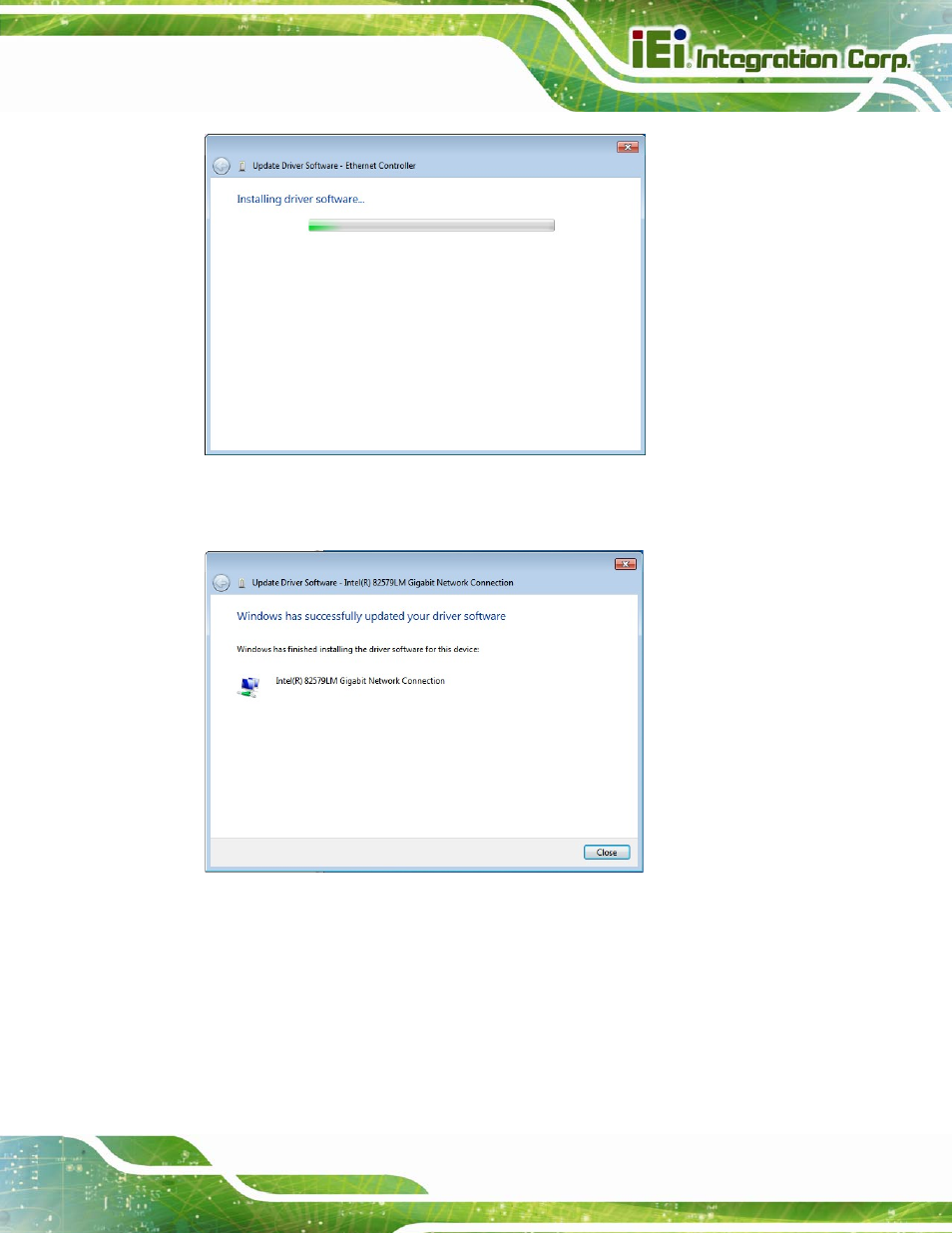 Figure 6-17: lan driver installation, Figure 6-18: lan driver installation complete | IEI Integration IMBA-Q770 User Manual | Page 138 / 212