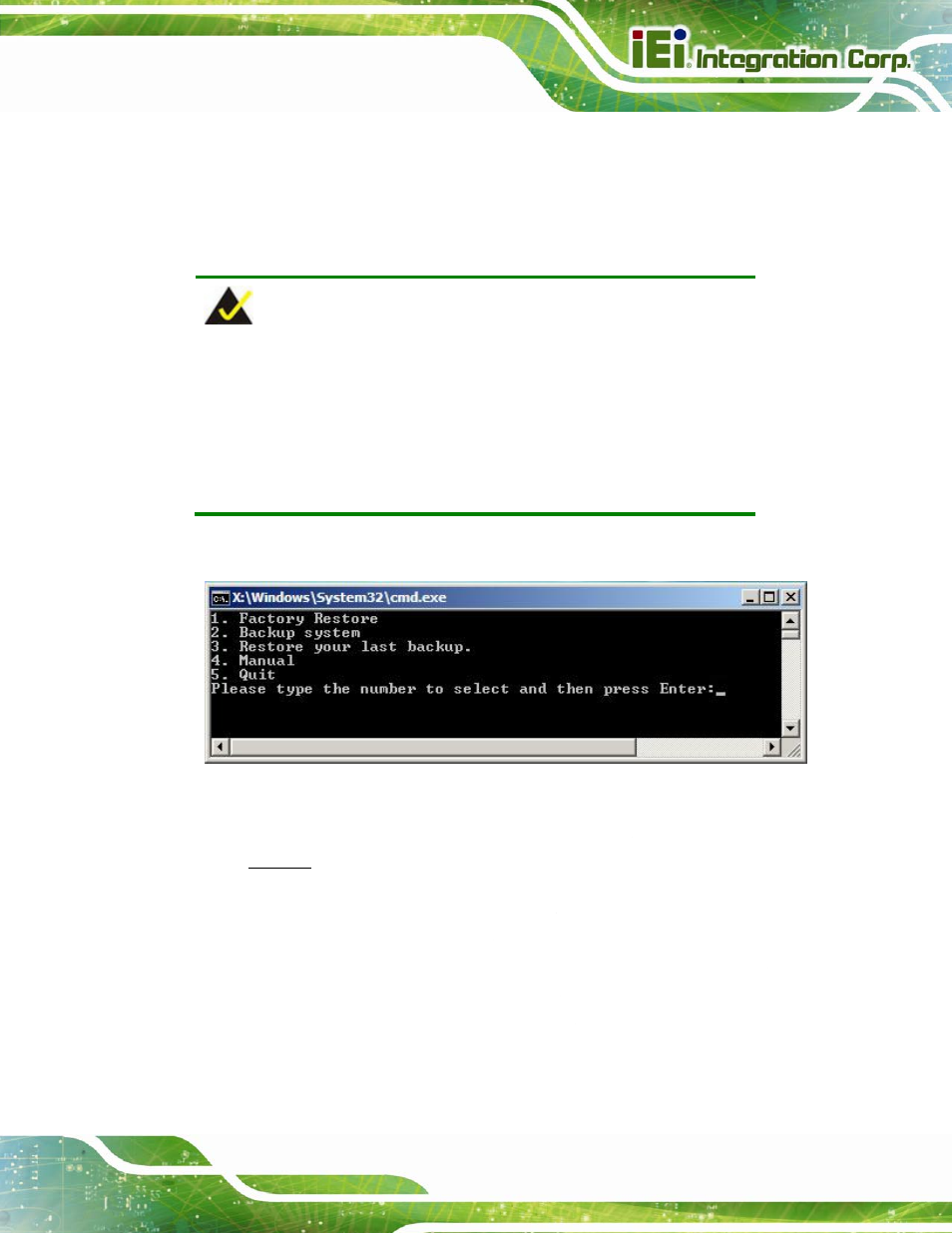 B.1 one key recovery introduction, Ecovery, Ntroduction | Figure b-1: iei one key recovery tool menu | IEI Integration IMBA-Q770 User Manual | Page 154 / 212