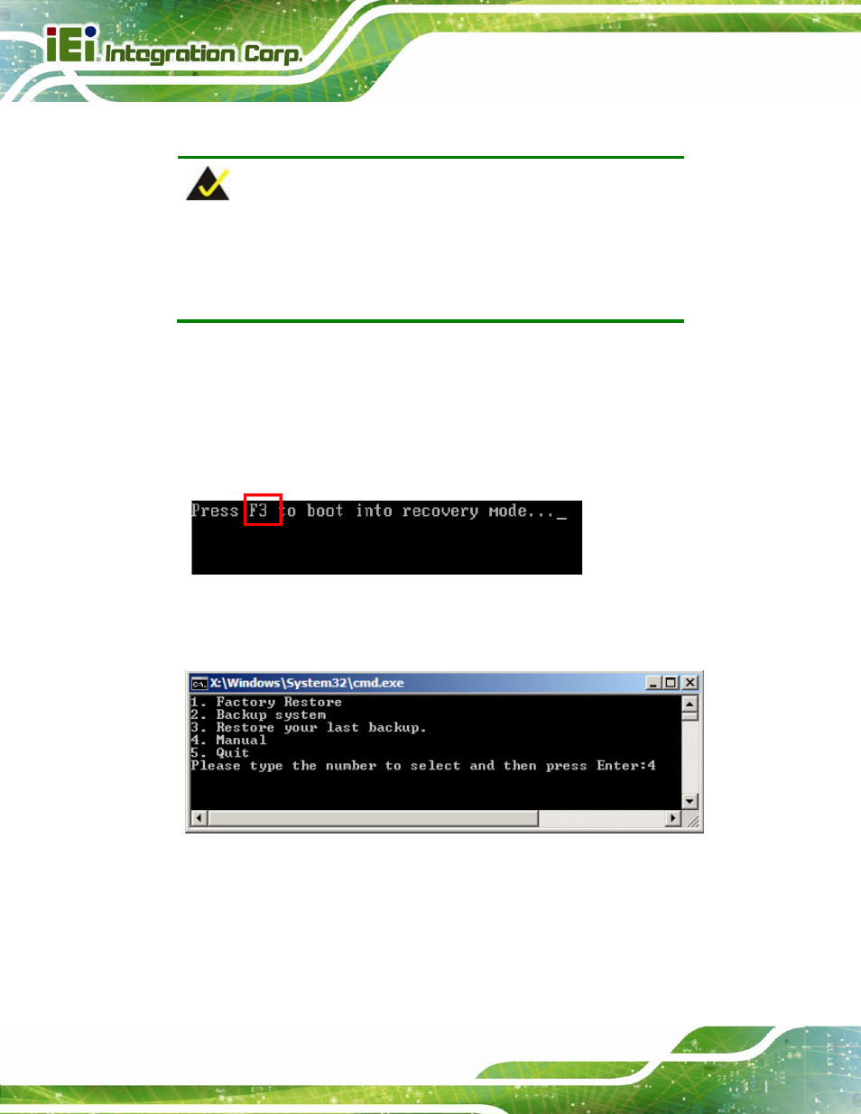 B.2.5 create factory default image, Figure b-10: press f3 to boot into recovery mode, Figure b-11: recovery tool menu | IEI Integration IMBA-Q770 User Manual | Page 165 / 212