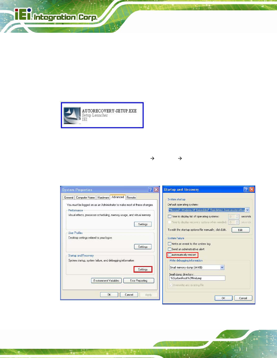 Figure b-22: auto recovery utility, Figure b-23: disable automatically restart | IEI Integration IMBA-Q770 User Manual | Page 171 / 212