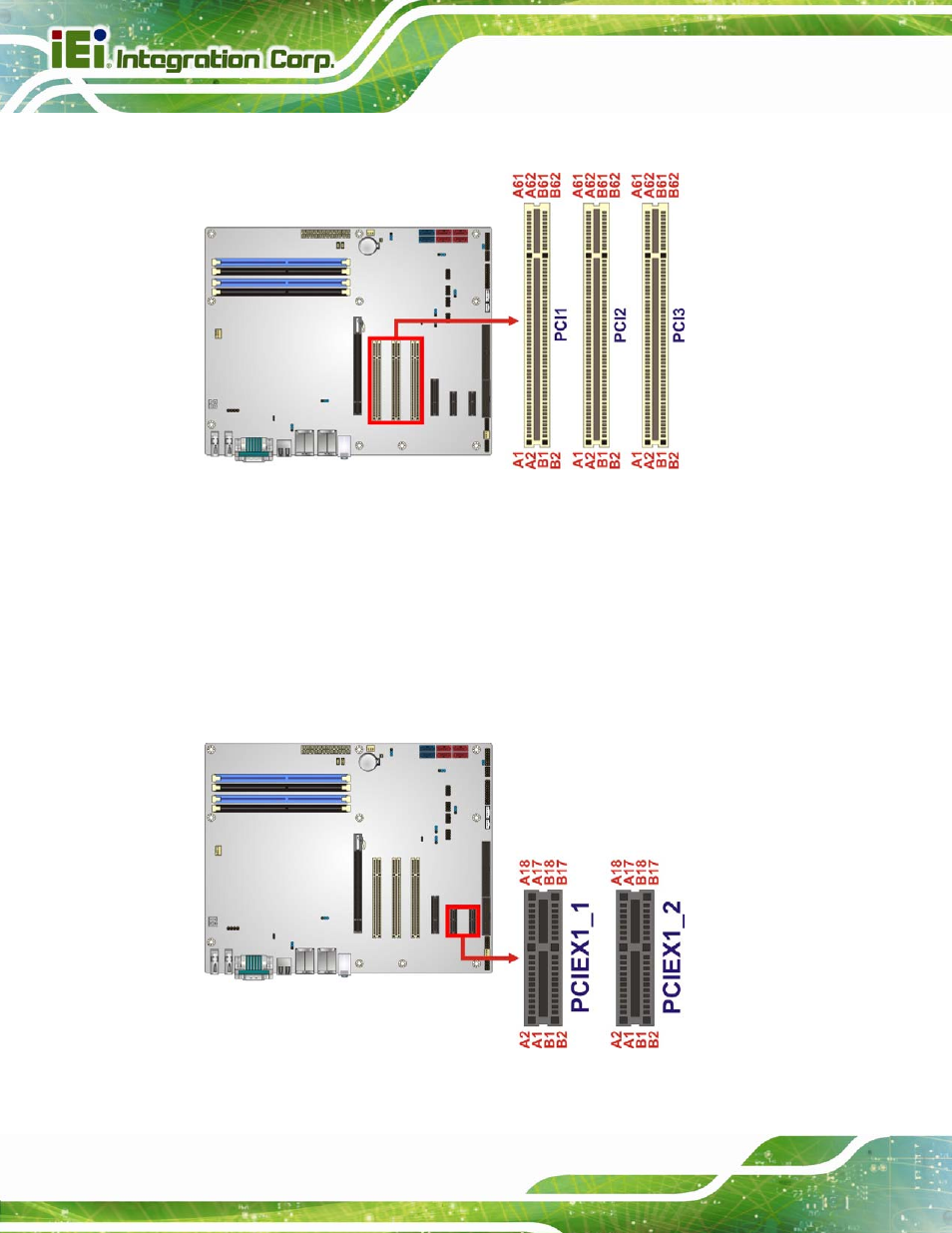 14 pcie x1 slots, Figure 3-14: pci slot locations, Figure 3-15: pcie x1 slot locations | IEI Integration IMBA-Q770 User Manual | Page 45 / 212
