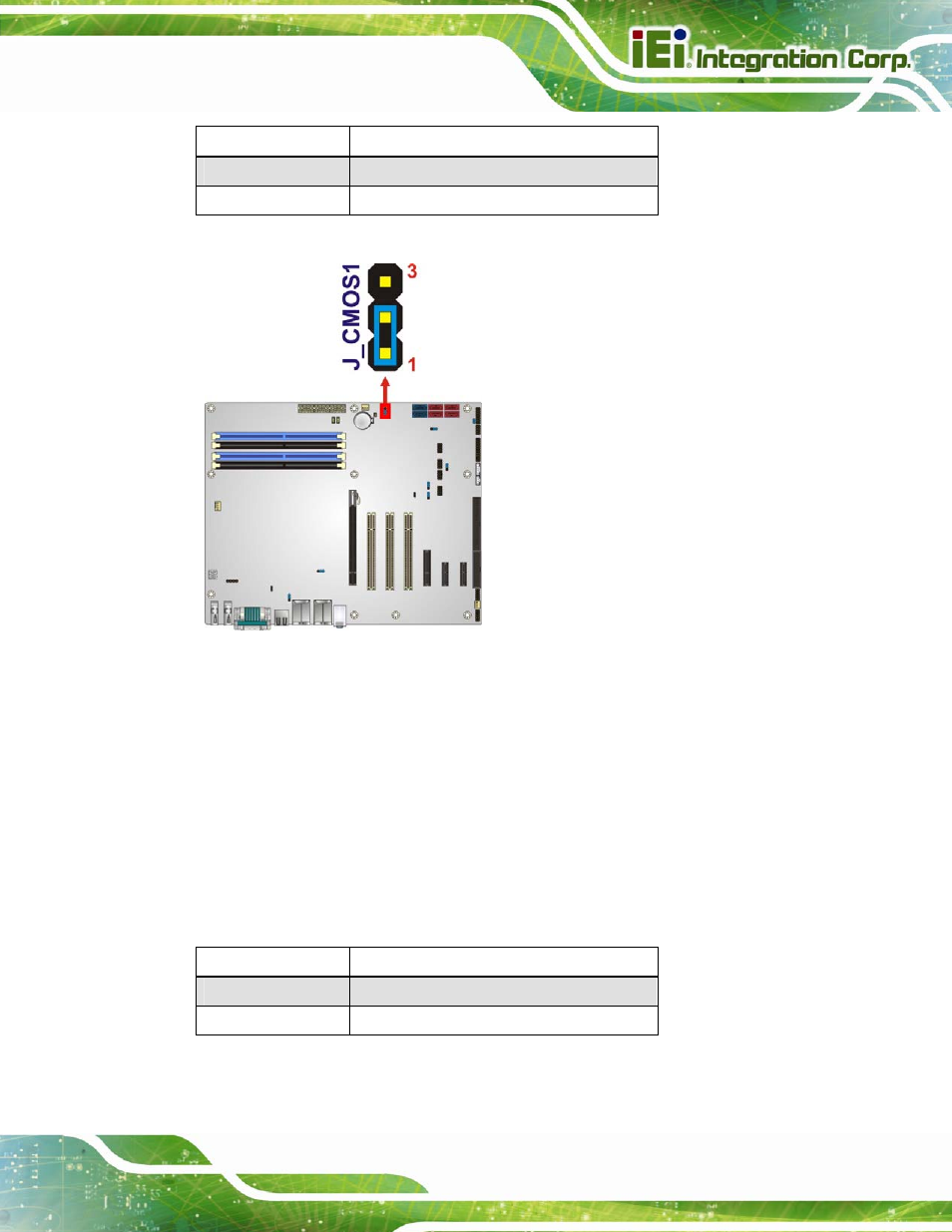 3 dvi-i/vga select jumper, Figure 4-9: clear bios jumper location, Table 4-3: clear bios jumper settings | Table 4-4: dvi-i/vga select jumper settings, See table 4-3, See figure 4-9 | IEI Integration IMBA-Q770 User Manual | Page 72 / 212