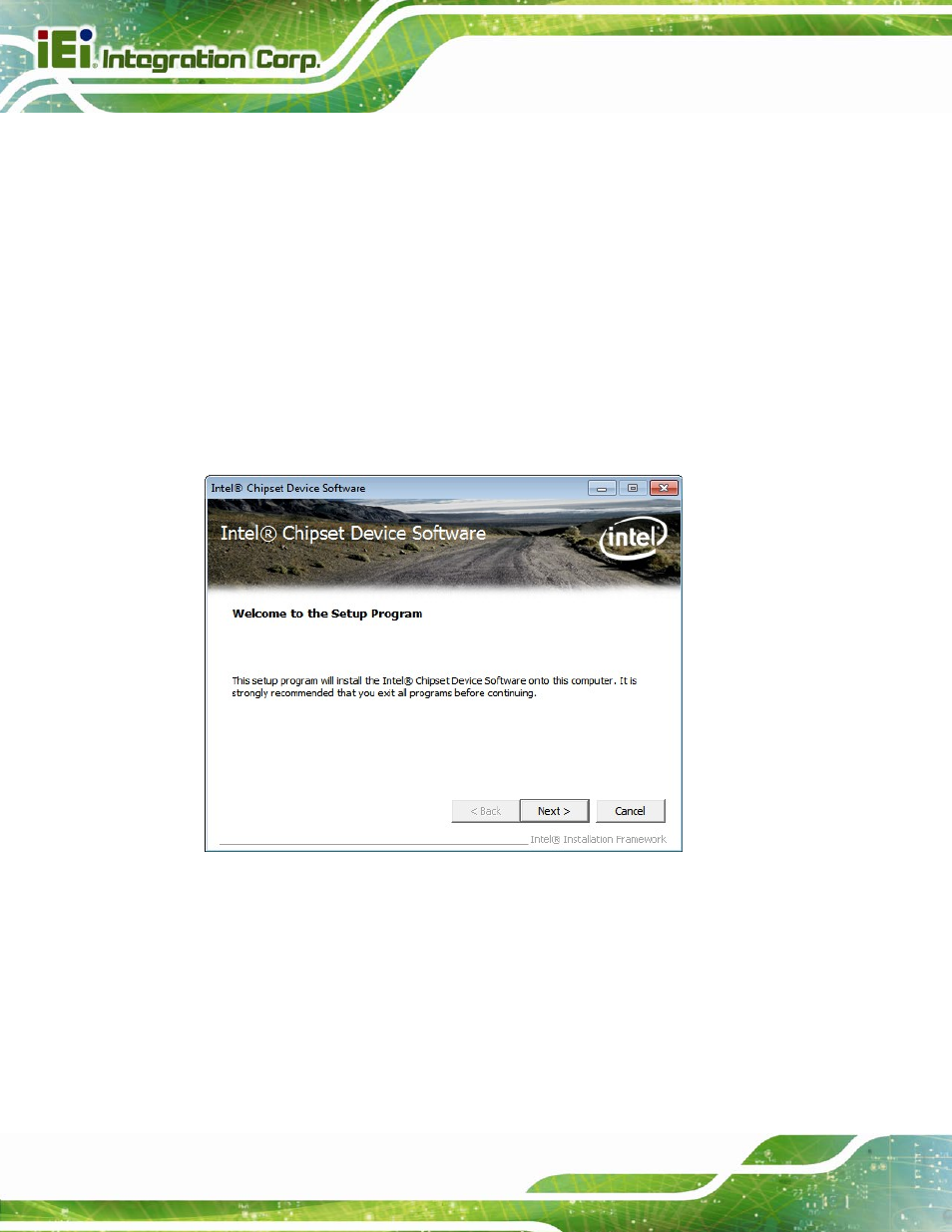 3 chipset driver installation, Hipset, River | Nstallation, Figure 6-3: chipset driver welcome screen | IEI Integration IMBA-C2160 User Manual | Page 134 / 217