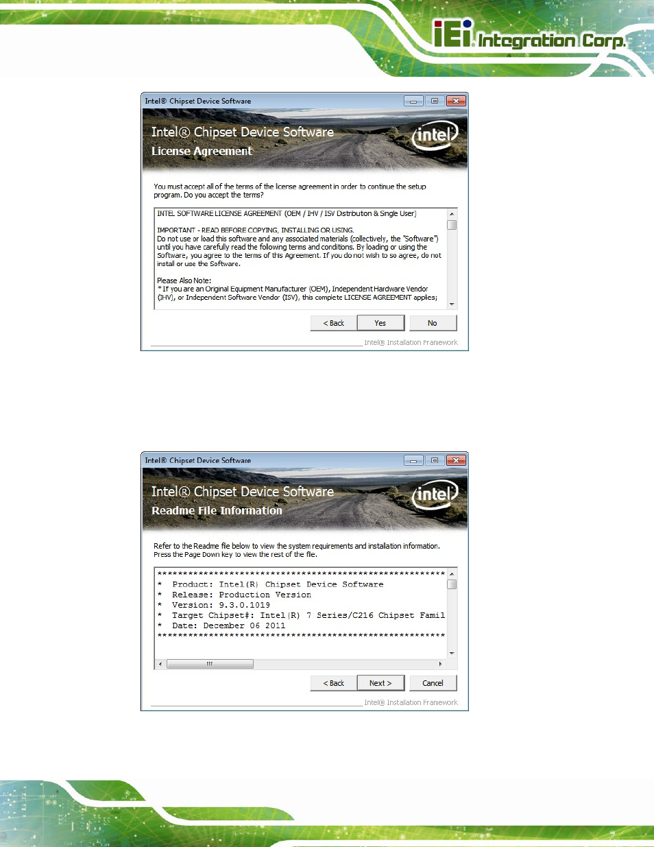 Figure 6-4: chipset driver license agreement, Figure 6-5: chipset driver read me file, Figure 6-4 | IEI Integration IMBA-C2160 User Manual | Page 135 / 217