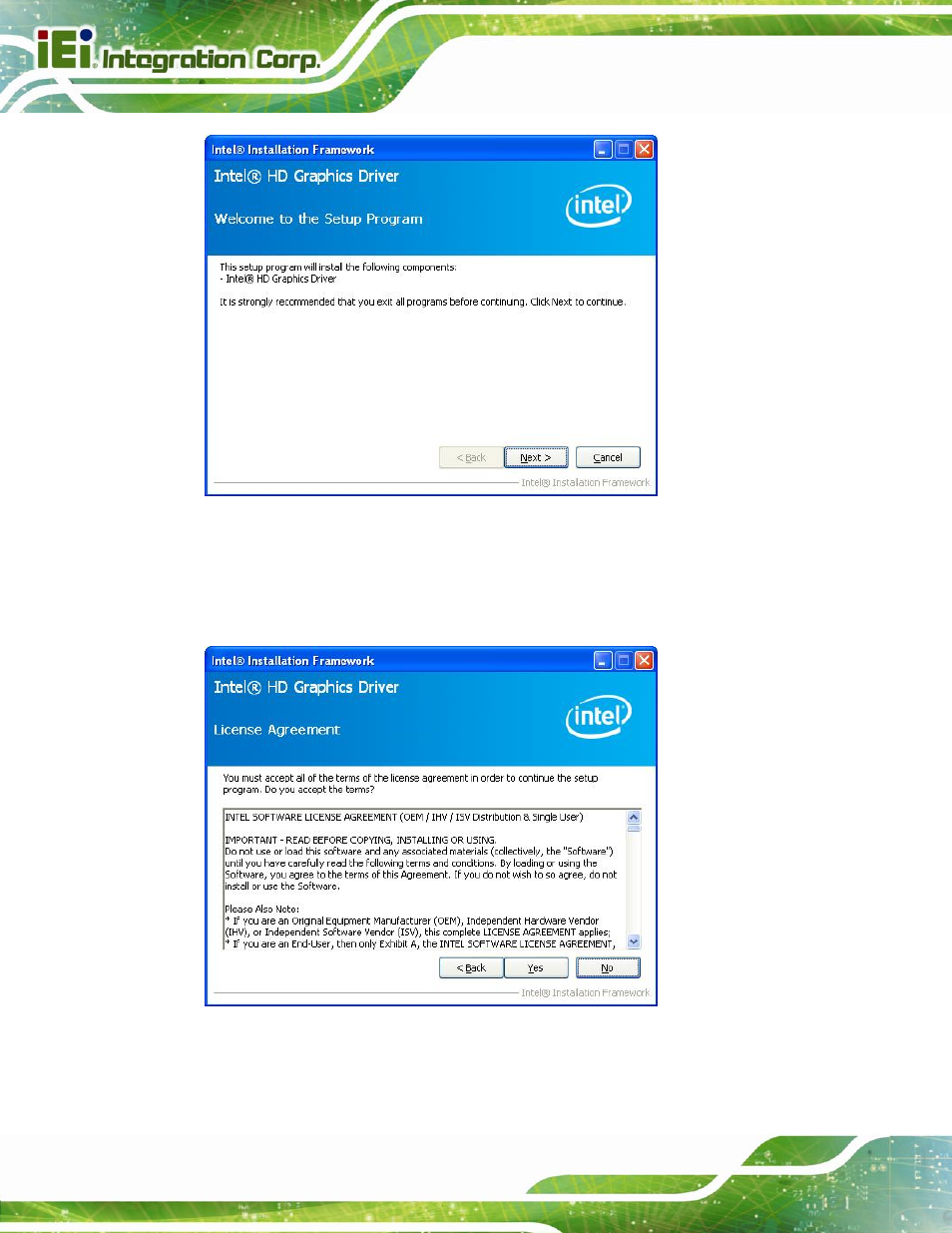 Figure 6-8: graphics driver welcome screen, Figure 6-9: graphics driver license agreement | IEI Integration IMBA-C2160 User Manual | Page 138 / 217