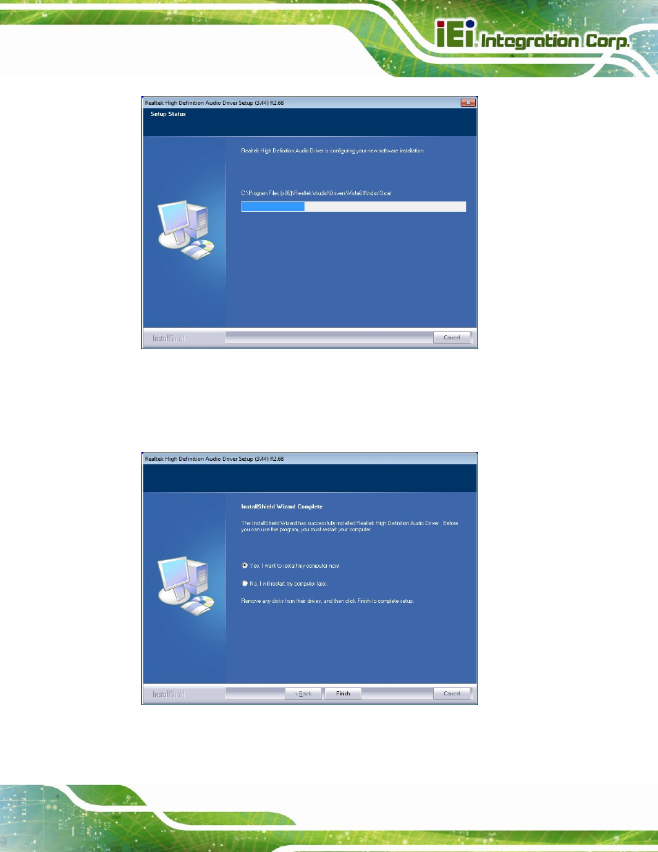 Figure 6-20: audio driver software configuration, Figure 6-21: restart the computer | IEI Integration IMBA-C2160 User Manual | Page 145 / 217