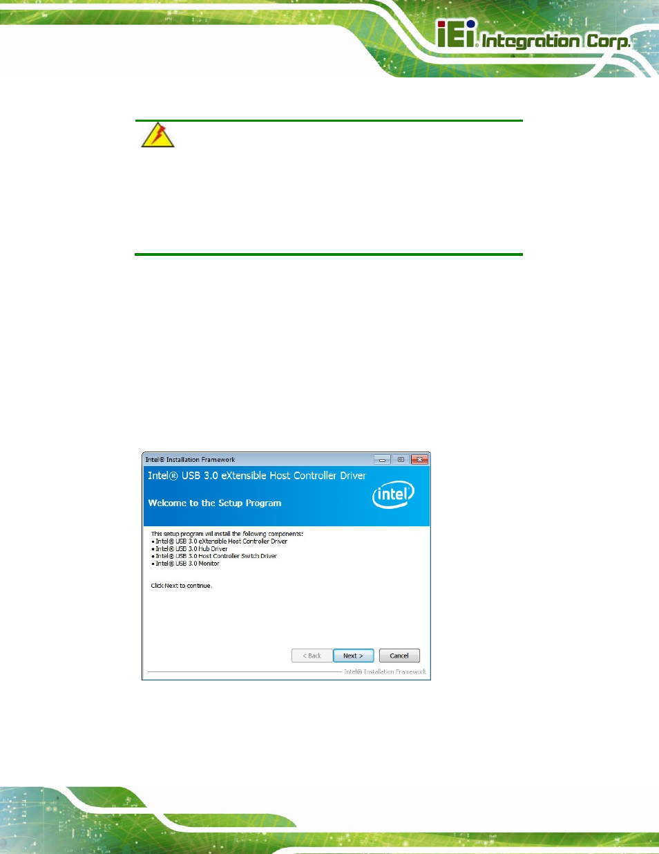 8 usb 3.0 driver installation, River, Nstallation | Figure 6-27: usb 3.0 driver welcome screen | IEI Integration IMBA-C2160 User Manual | Page 149 / 217