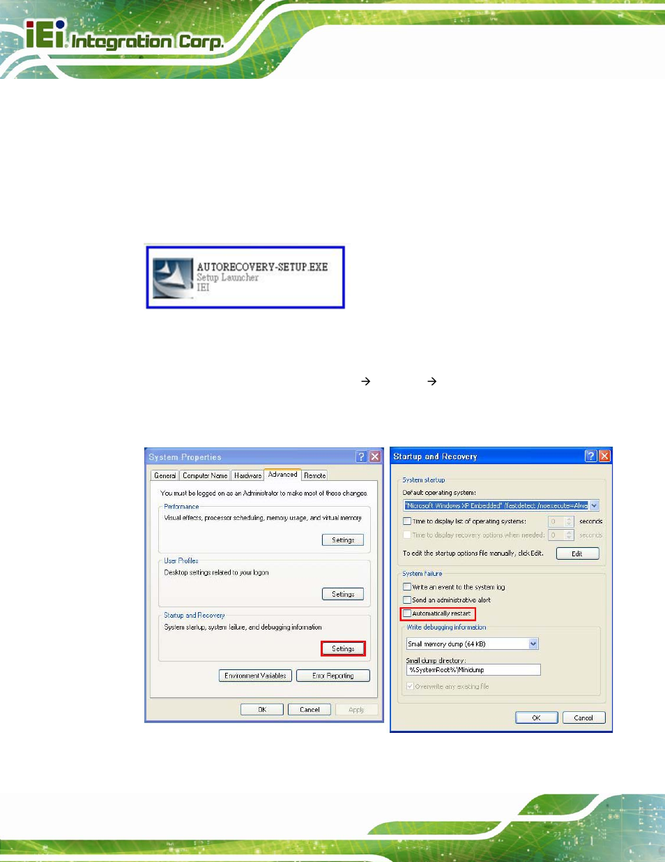 Figure b-22: auto recovery utility, Figure b-23: disable automatically restart | IEI Integration IMBA-C2160 User Manual | Page 176 / 217