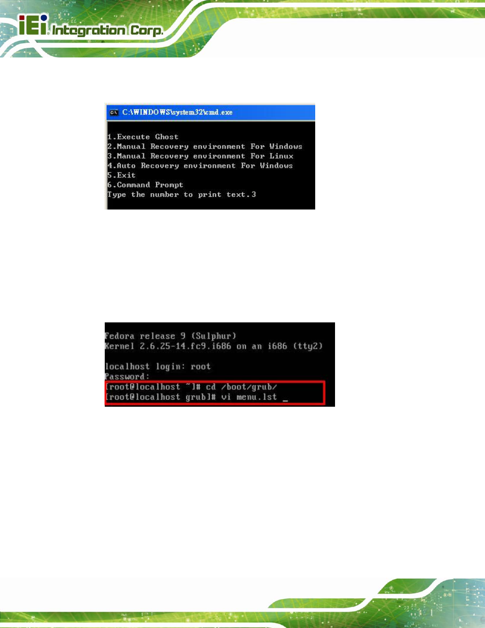 Figure b-32: system configuration for linux, Figure b-33: access menu.lst in linux (text mode) | IEI Integration IMBA-C2160 User Manual | Page 182 / 217