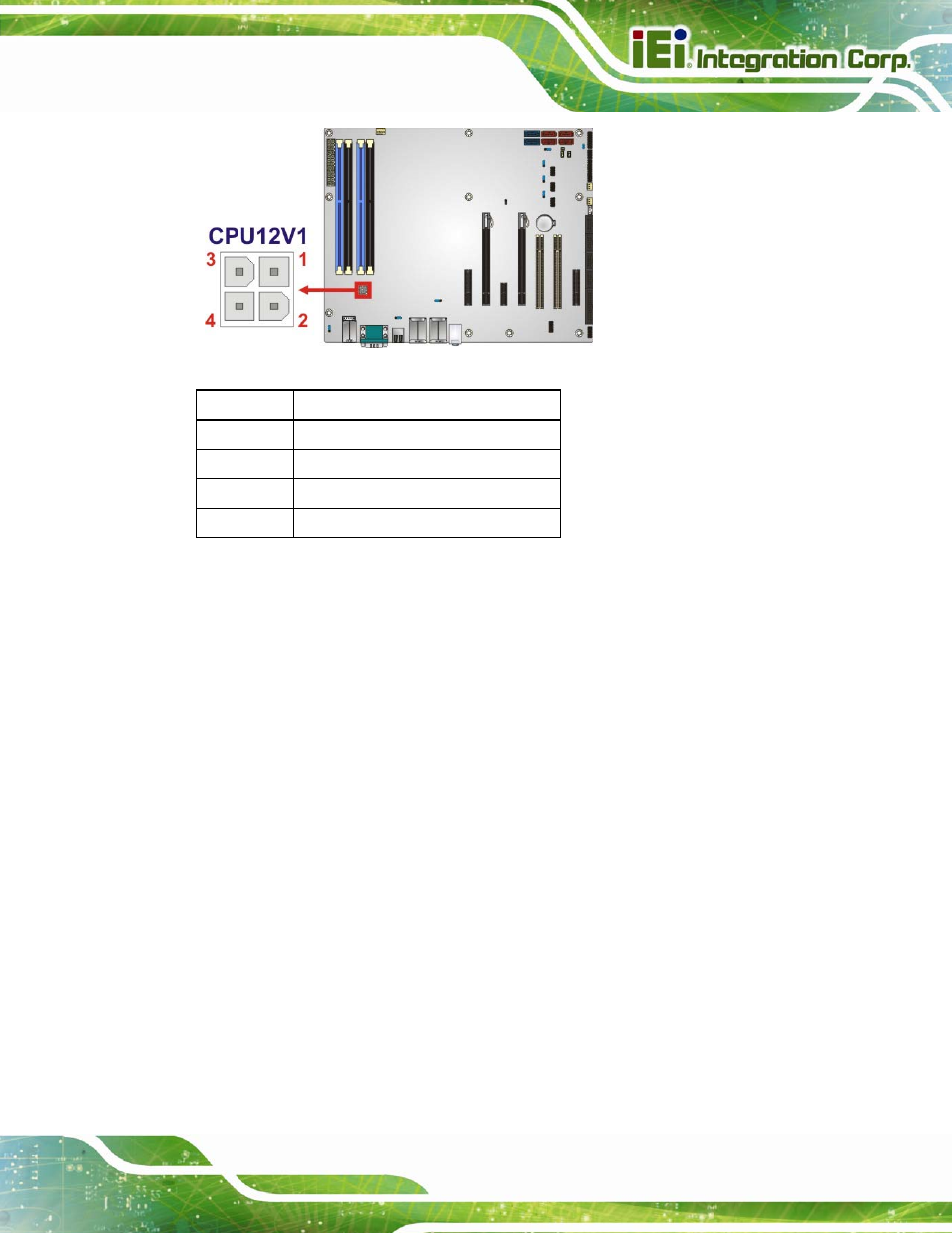 2 additional power connector, Figure 3-2: +12v power connector location, Table 3-3: +12v power connector pinouts | IEI Integration IMBA-C2160 User Manual | Page 35 / 217