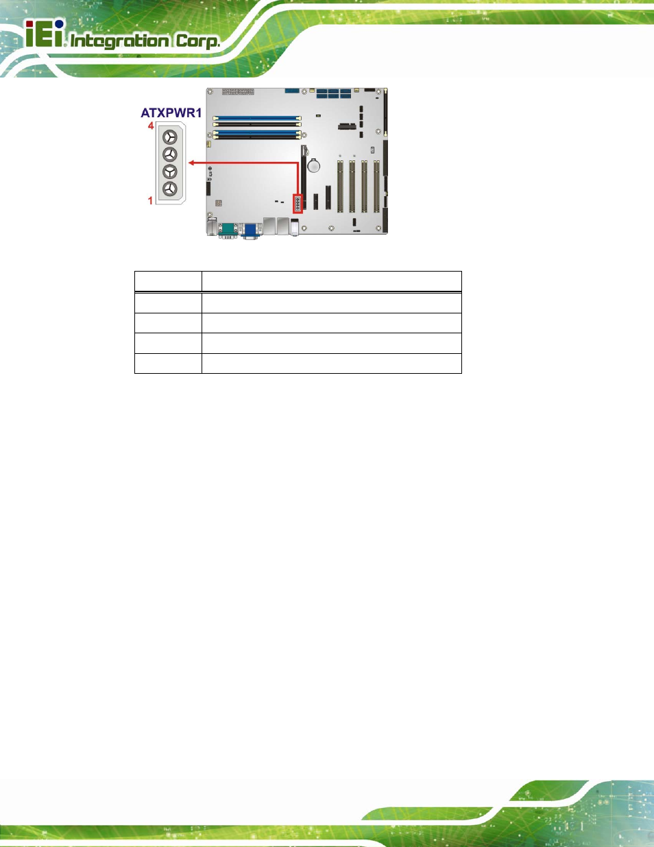 3 atx power connector, Figure 3-3: additional power connector location, Table 3-4: additional power connector pinouts | IEI Integration IMBA-C2160 User Manual | Page 36 / 217