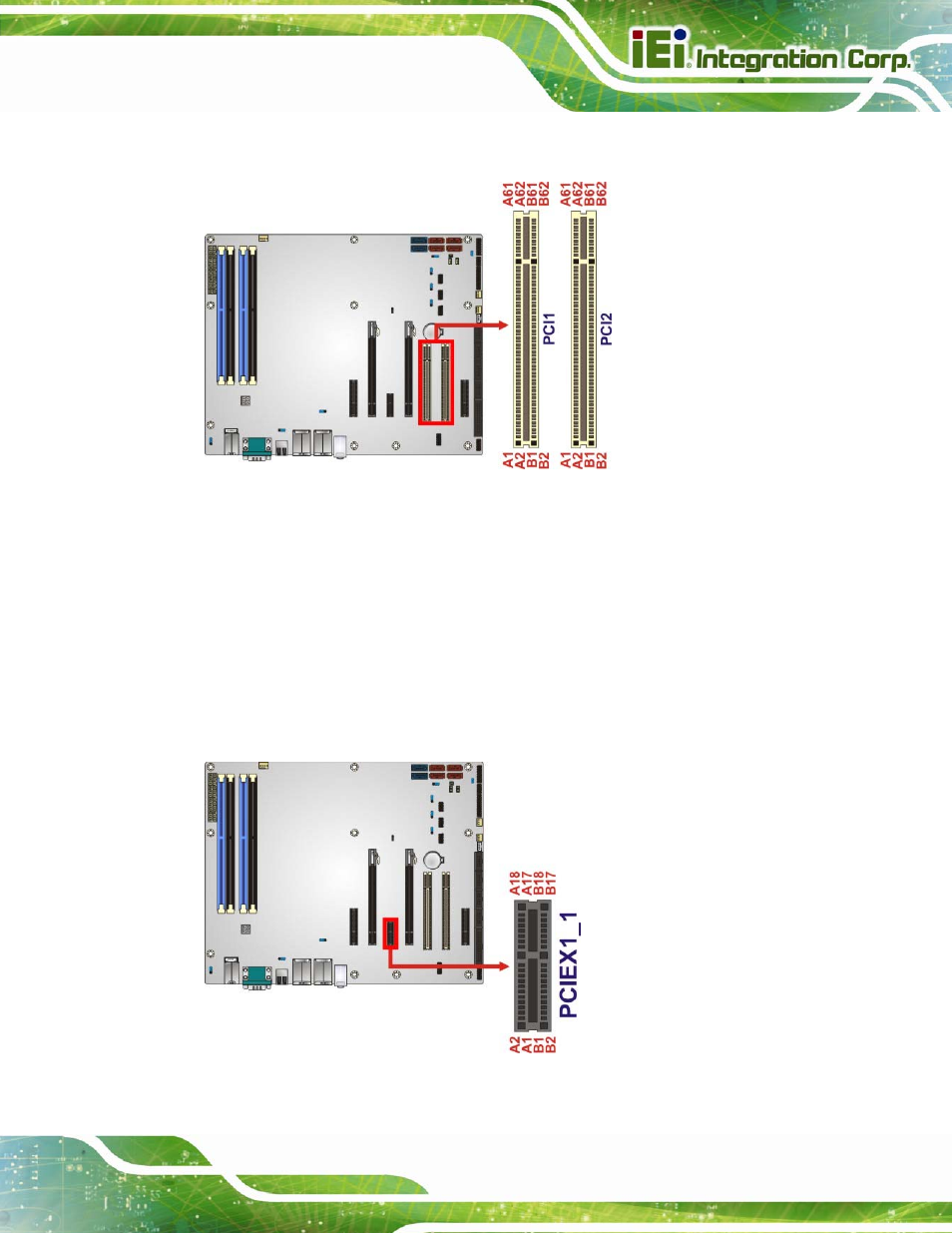 16 pcie x1 slot, Figure 3-16: pci slot locations, Figure 3-17: pcie x1 slot location | IEI Integration IMBA-C2160 User Manual | Page 49 / 217