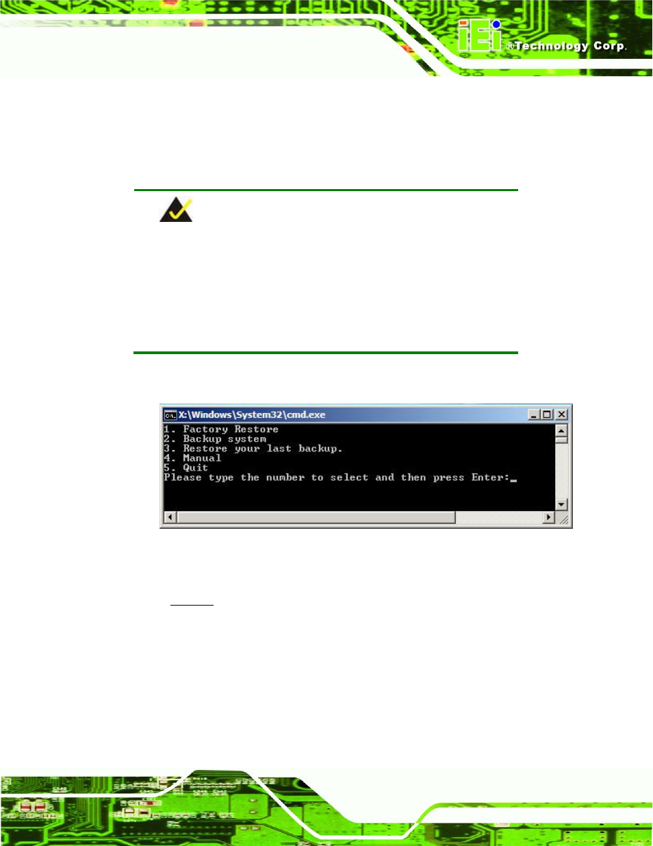 B.1 one key recovery introduction, Ecovery, Ntroduction | Figure b-1: iei one key recovery tool menu | IEI Integration IMBA-C604EN User Manual | Page 148 / 198