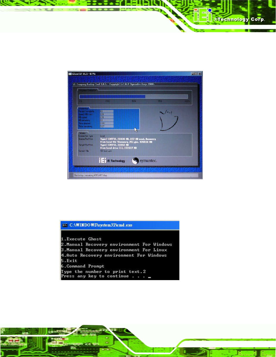 Figure b-8: building the recovery partition, Figure b-9: press any key to continue | IEI Integration IMBA-C604EN User Manual | Page 158 / 198