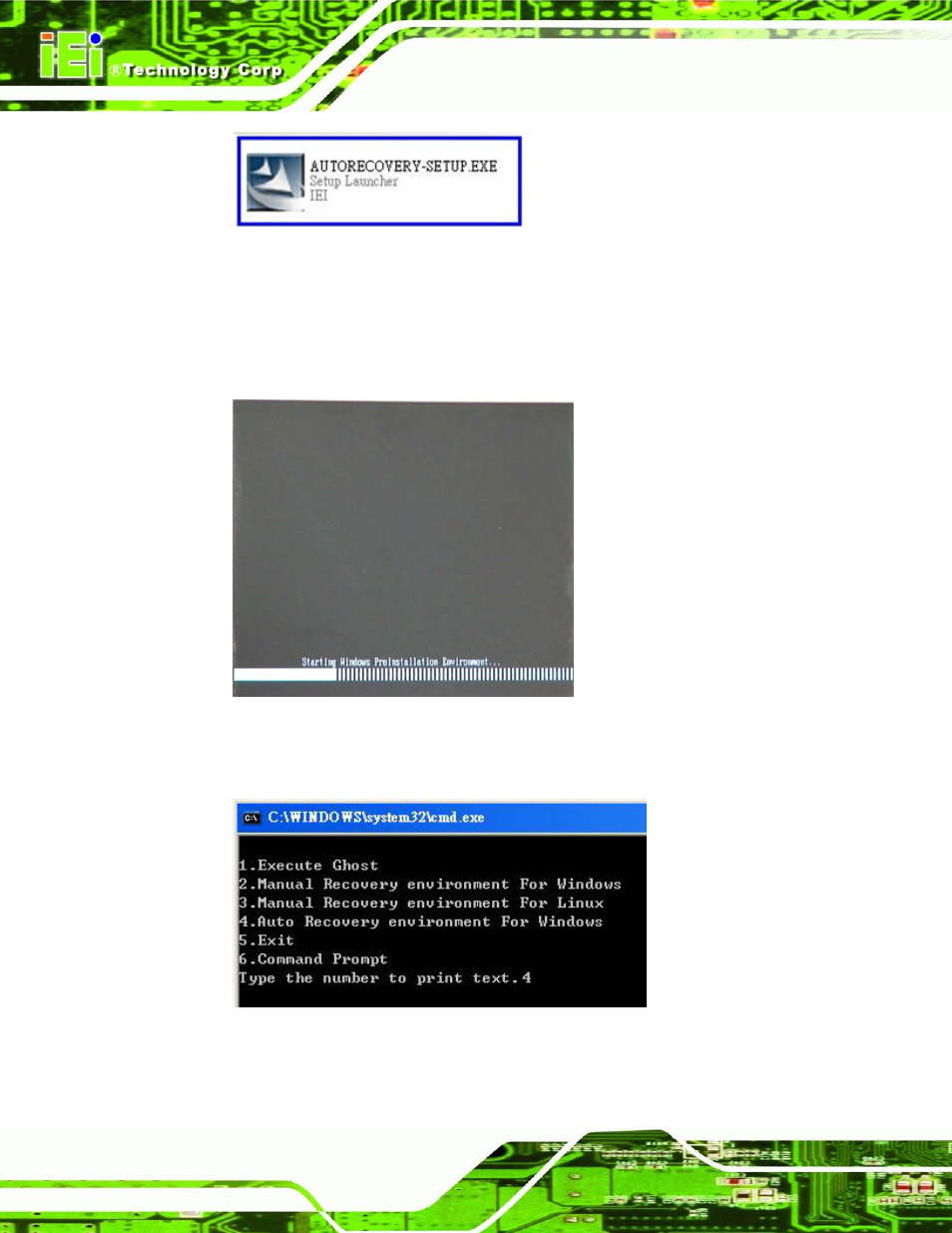 Figure b-22: auto recovery utility, Figure b-23: launching the recovery tool, Figure b-24: auto recovery environment for windows | IEI Integration IMBA-C604EN User Manual | Page 165 / 198