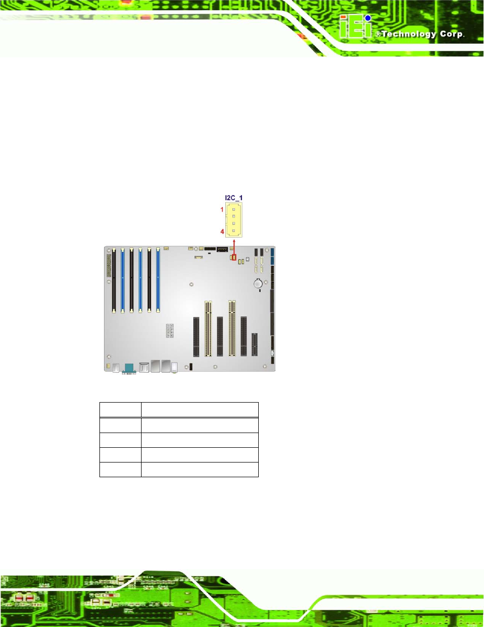 11 i2c connector, Figure 3-12: i2c connector location, Table 3-12: i2c connector pinouts | IEI Integration IMBA-C604EN User Manual | Page 42 / 198