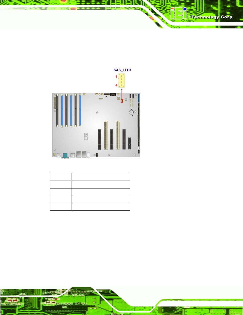 17 sas smbus connector, Figure 3-17: sas led connector location, Table 3-14: sas led connector pinouts | IEI Integration IMBA-C604EN User Manual | Page 46 / 198