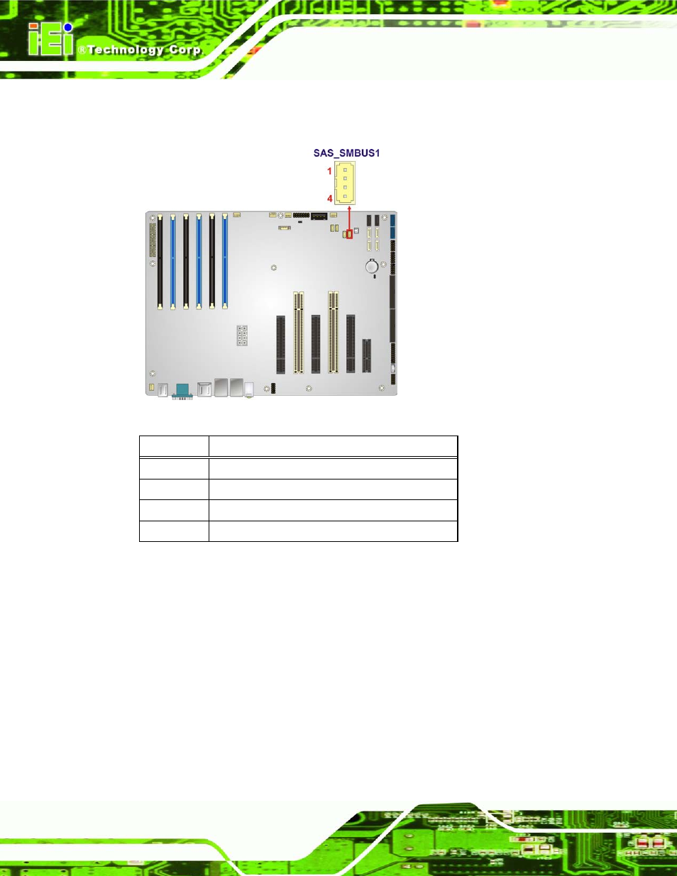 18 sata 3gb/s drive connectors, Figure 3-18: sas smbus connector location, Table 3-15: sas smbus connector pinouts | Ee figure 3-18, Ee table 3-15 | IEI Integration IMBA-C604EN User Manual | Page 47 / 198