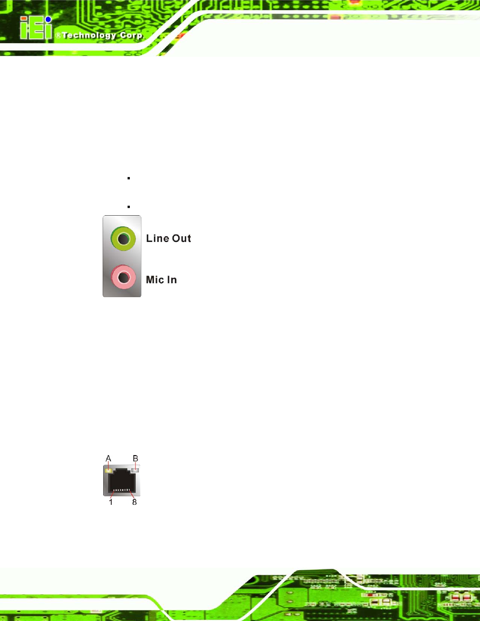1 audio connector, 2 ethernet and usb connector, Figure 3-29: audio connector | Figure 3-30: ethernet connector | IEI Integration IMBA-C604EN User Manual | Page 57 / 198