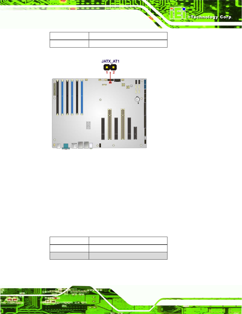 2 clear cmos jumper, Figure 4-8: at/atx power mode jumper location, Table 4-2: at/atx power mode jumper settings | Table 4-3: clear bios jumper settings | IEI Integration IMBA-C604EN User Manual | Page 72 / 198