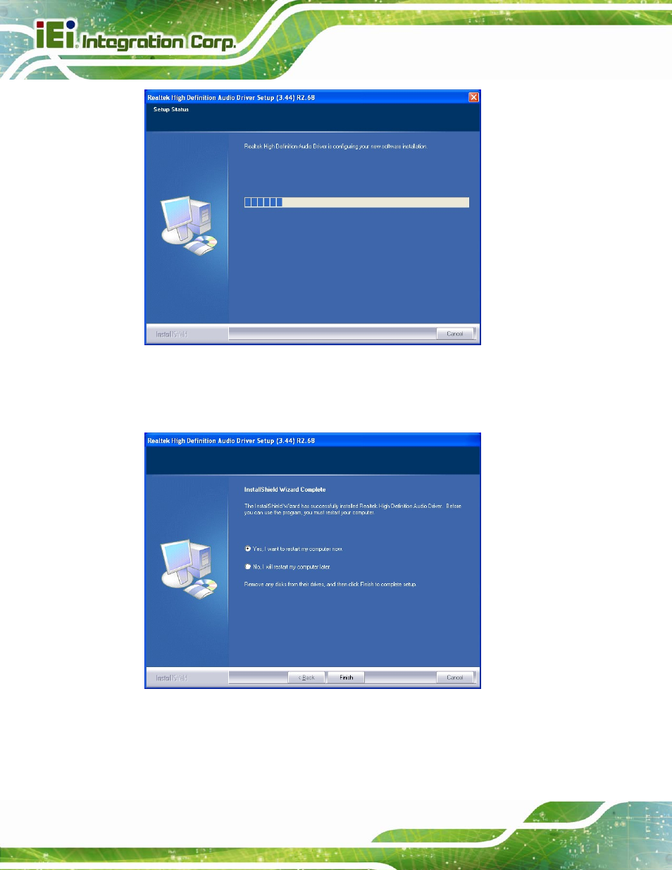 Figure 6-18: audio driver software configuration, Figure 6-19: restart the computer | IEI Integration IMBA-C604EP User Manual | Page 138 / 212