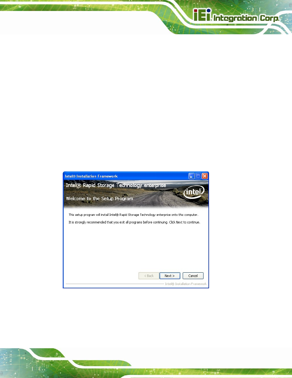Ntel, Apid, Torage | Echnology, River, Nstallation, Figure 6-20: sata raid driver welcome screen | IEI Integration IMBA-C604EP User Manual | Page 139 / 212