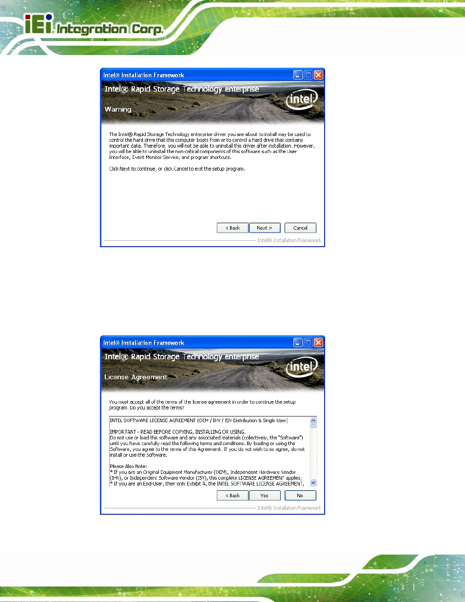 Figure 6-21: sata raid driver warning, Figure 6-22: sata raid driver license agreement | IEI Integration IMBA-C604EP User Manual | Page 140 / 212