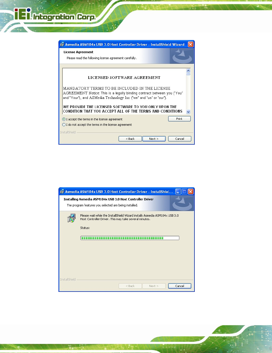 Figure 6-27: usb 3.0 driver license agreement, Figure 6-28: usb 3.0 driver setup operations | IEI Integration IMBA-C604EP User Manual | Page 144 / 212