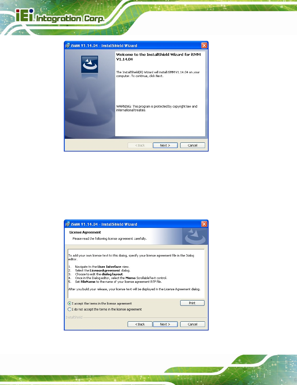 Figure 6-30: ismm installation welcome screen, Figure 6-31: ismm license agreement | IEI Integration IMBA-C604EP User Manual | Page 146 / 212