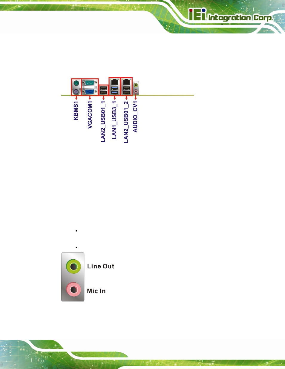 3 external peripheral interface connector panel, 1 audio connector, Xternal | Eripheral, Nterface, Onnector, Anel, Figure 3-26: audio connector | IEI Integration IMBA-C604EP User Manual | Page 55 / 212