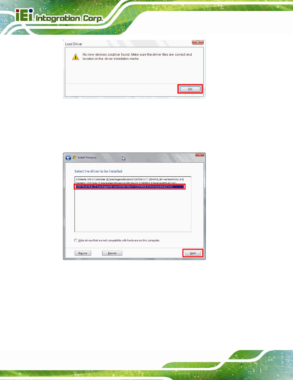 Figure 4-22: confirm the driver file, Figure 4-23: select the usb root hub driver | IEI Integration IMBA-C604EP User Manual | Page 84 / 212