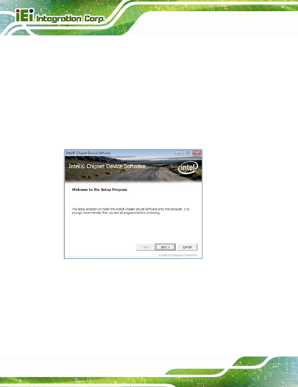 3 chipset driver installation, Hipset, River | Nstallation, Figure 6-3: chipset driver welcome screen | IEI Integration IMBA-C2260-i2 User Manual | Page 145 / 227