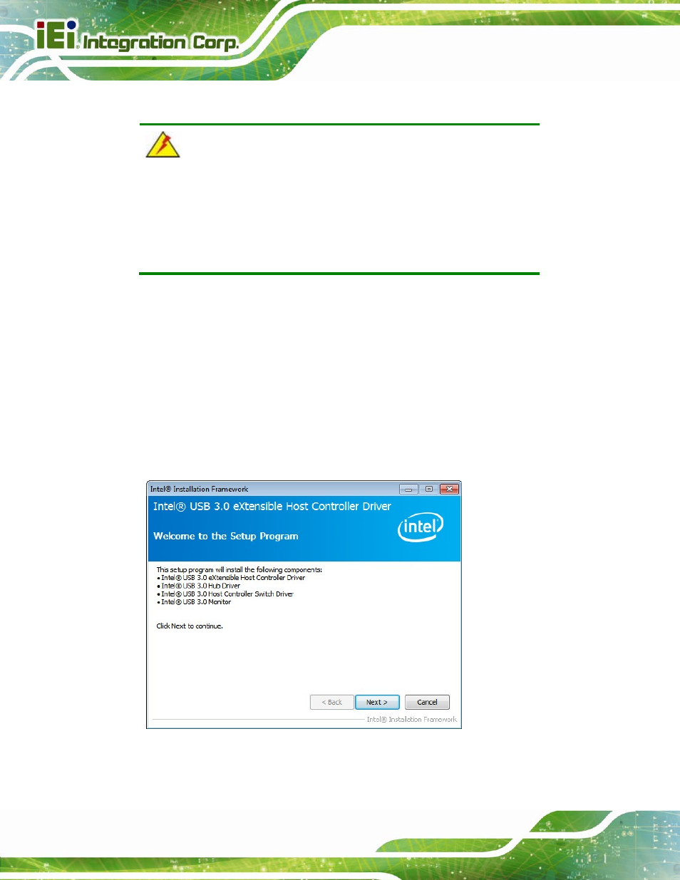 6 usb 3.0 driver installation, River, Nstallation | Figure 6-19: usb 3.0 driver welcome screen | IEI Integration IMBA-C2260-i2 User Manual | Page 155 / 227