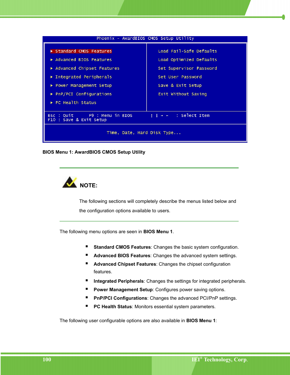 Bios menu 1: awardbios cmos setup utility | IEI Integration NANO-LX v1.00 User Manual | Page 100 / 211