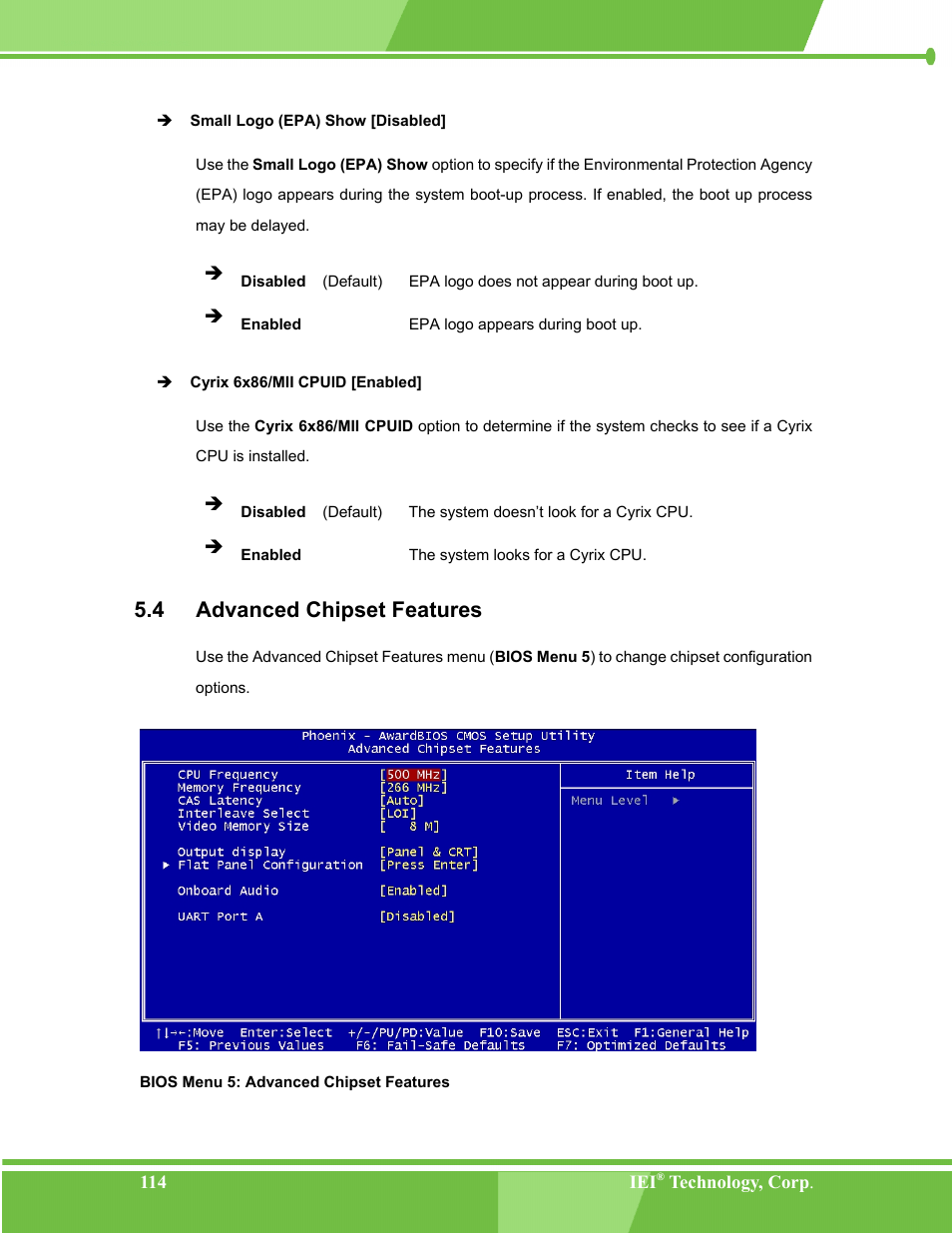 Advanced chipset features, Dvanced, Hipset | Eatures, Bios menu 5: advanced chipset features, 4 advanced chipset features | IEI Integration NANO-LX v1.00 User Manual | Page 114 / 211