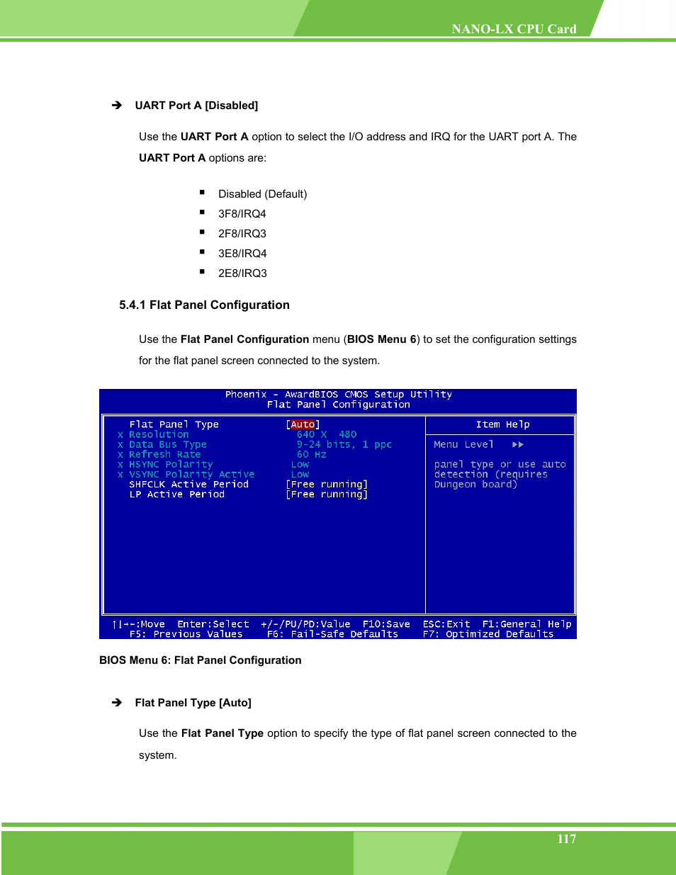 Flat panel configuration, 1 flat panel configuration, Bios menu 6: flat panel configuration | IEI Integration NANO-LX v1.00 User Manual | Page 117 / 211