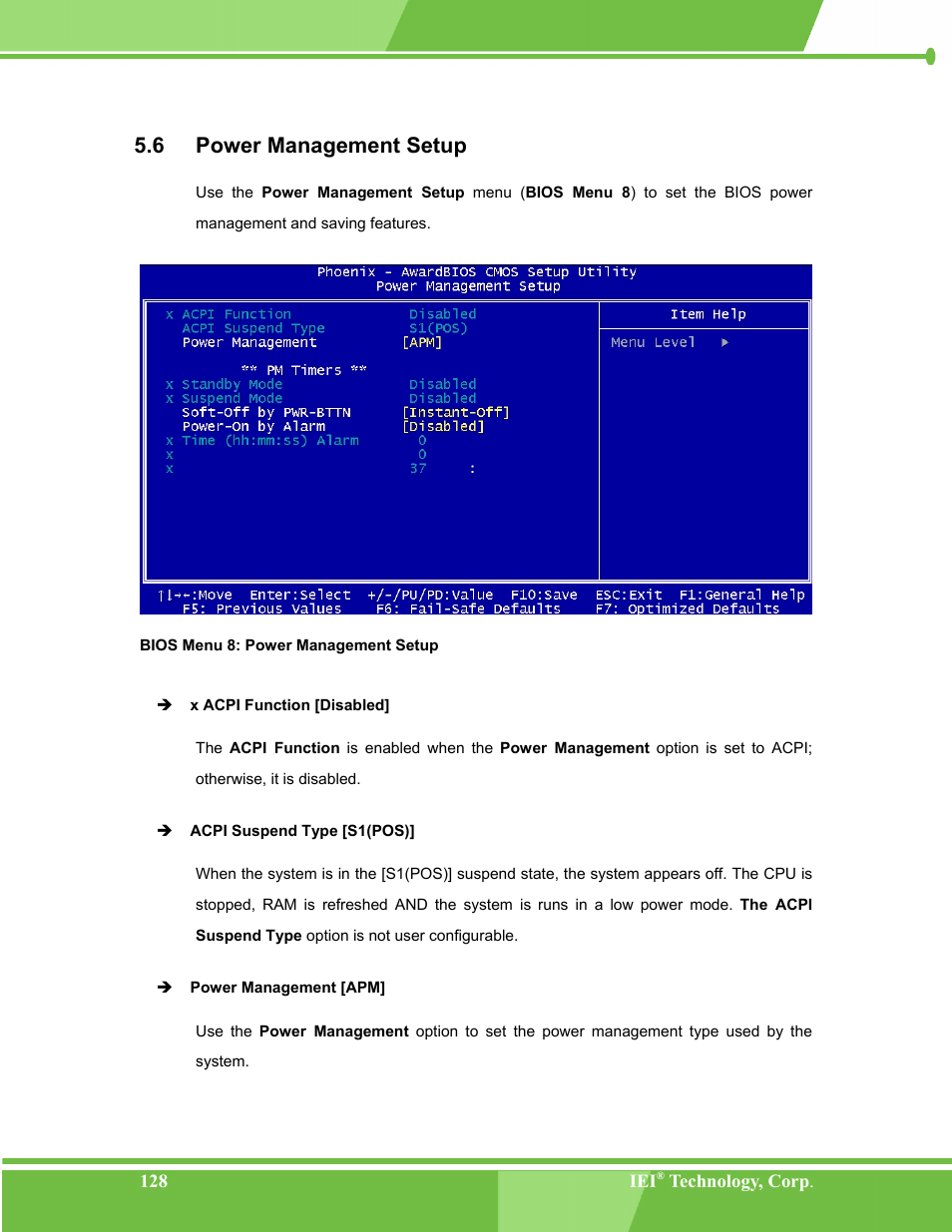 Power management setup, Ower, Anagement | Etup, Bios menu 8: power management setup, 6 power management setup | IEI Integration NANO-LX v1.00 User Manual | Page 128 / 211