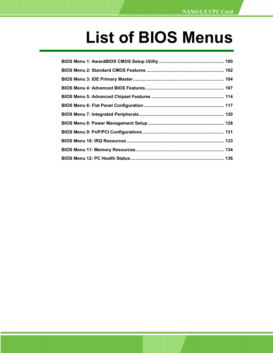 List of bios menus | IEI Integration NANO-LX v1.00 User Manual | Page 13 / 211