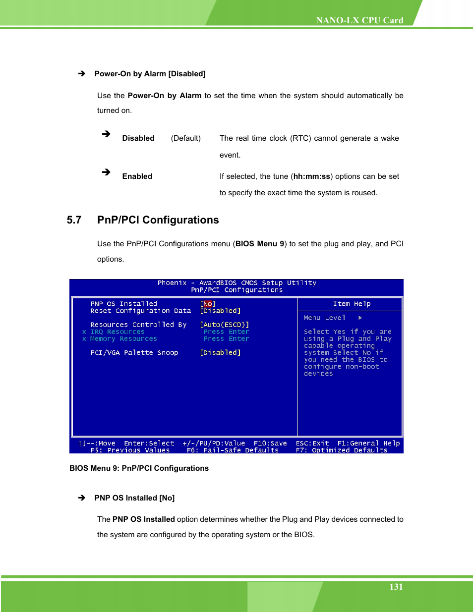 Pnp/pci configurations, P/pci c, Onfigurations | Bios menu 9: pnp/pci configurations, 7 pnp/pci configurations | IEI Integration NANO-LX v1.00 User Manual | Page 131 / 211