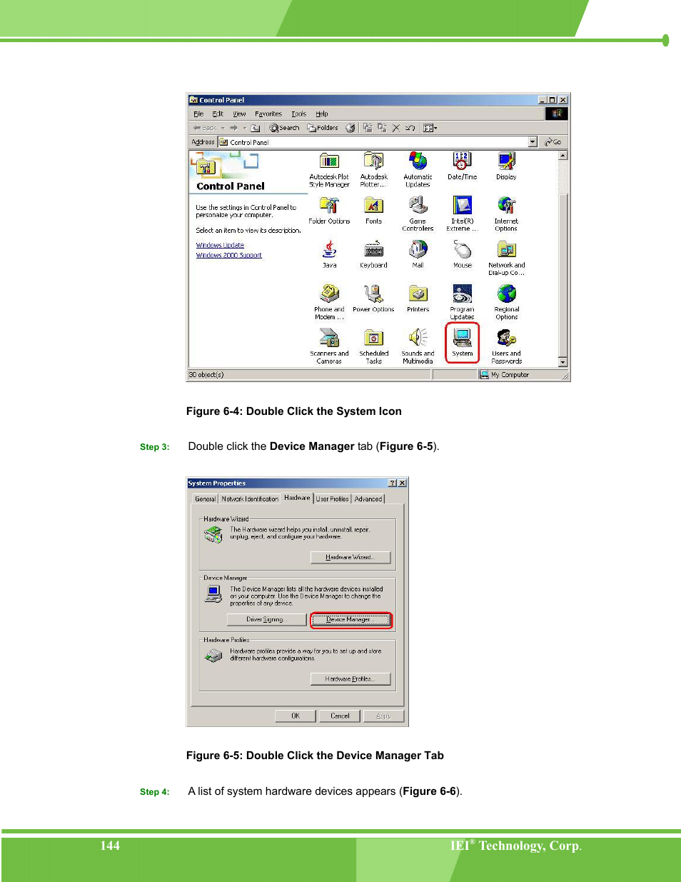 Figure 6-4: double click the system icon, Figure 6-5: double click the device manager tab | IEI Integration NANO-LX v1.00 User Manual | Page 144 / 211