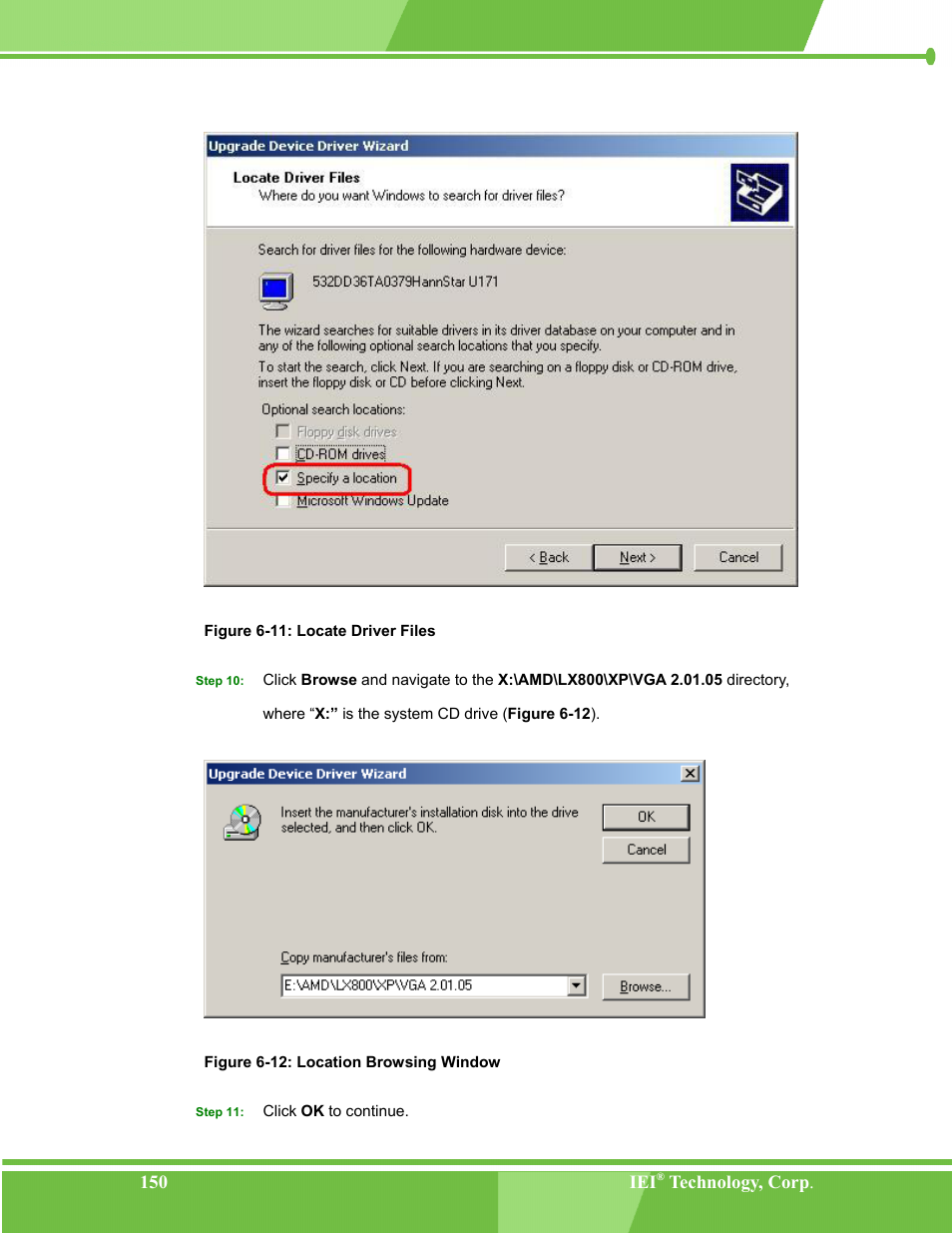 Figure 6-11: locate driver files, Figure 6-12: location browsing window | IEI Integration NANO-LX v1.00 User Manual | Page 150 / 211