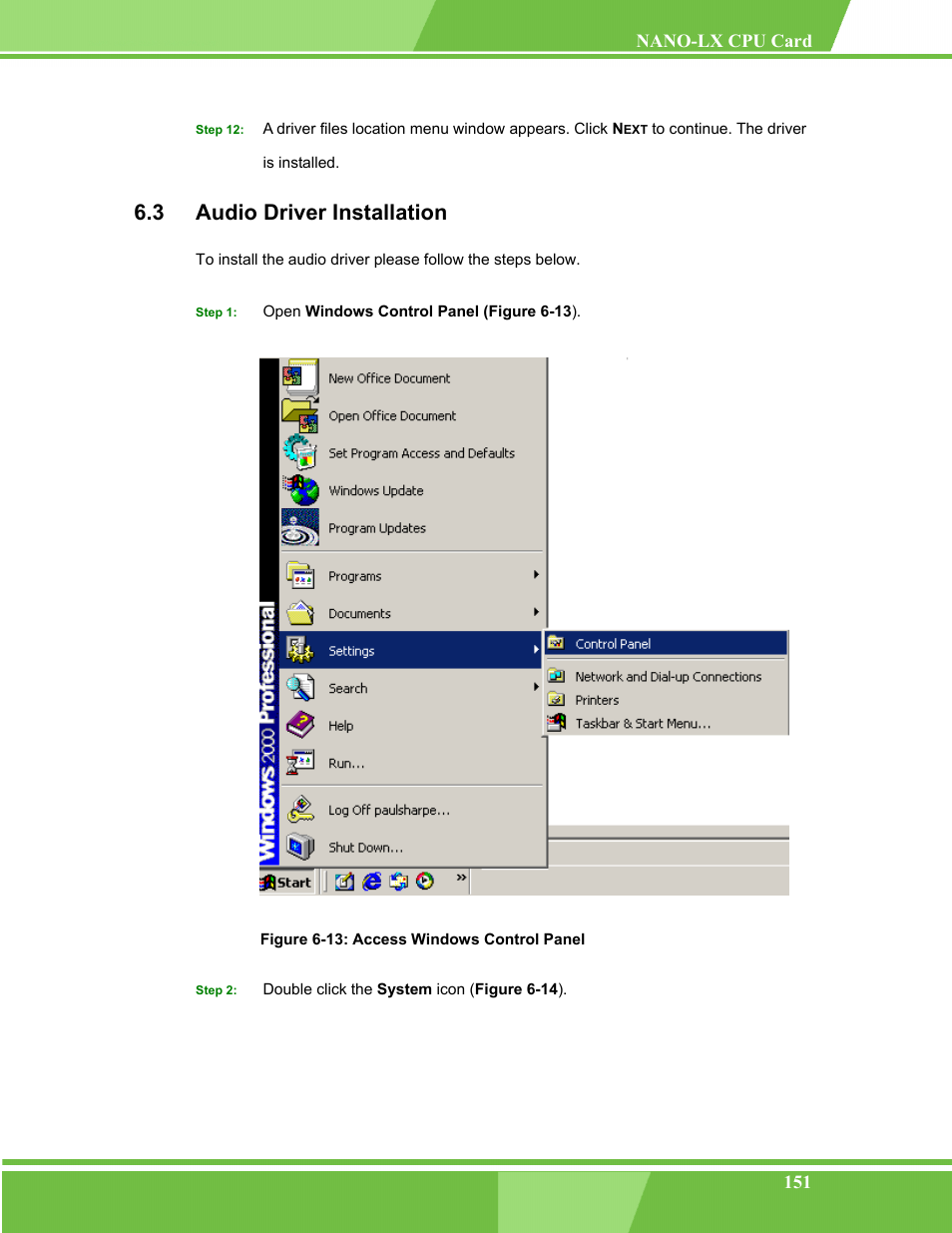 Audio driver installation, Udio, River | Nstallation, Figure 6-13: access windows control panel, 3 audio driver installation | IEI Integration NANO-LX v1.00 User Manual | Page 151 / 211