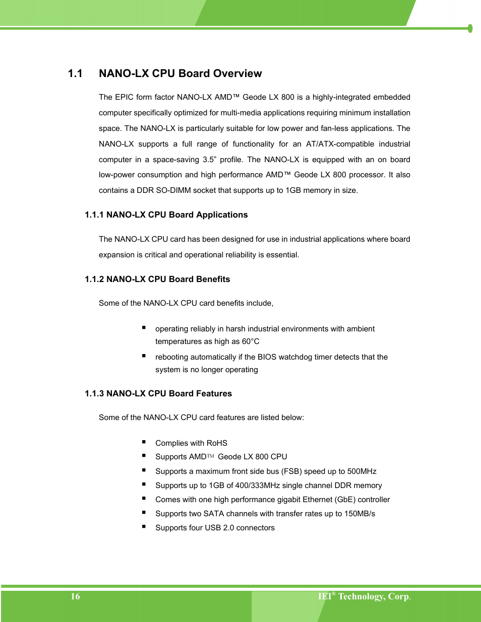 Nano-lx cpu board overview, Nano-lx cpu board applications, Nano-lx cpu board benefits | Nano-lx cpu board features, 1 nano-lx, Oard, Verview, 1 nano-lx cpu board overview | IEI Integration NANO-LX v1.00 User Manual | Page 16 / 211