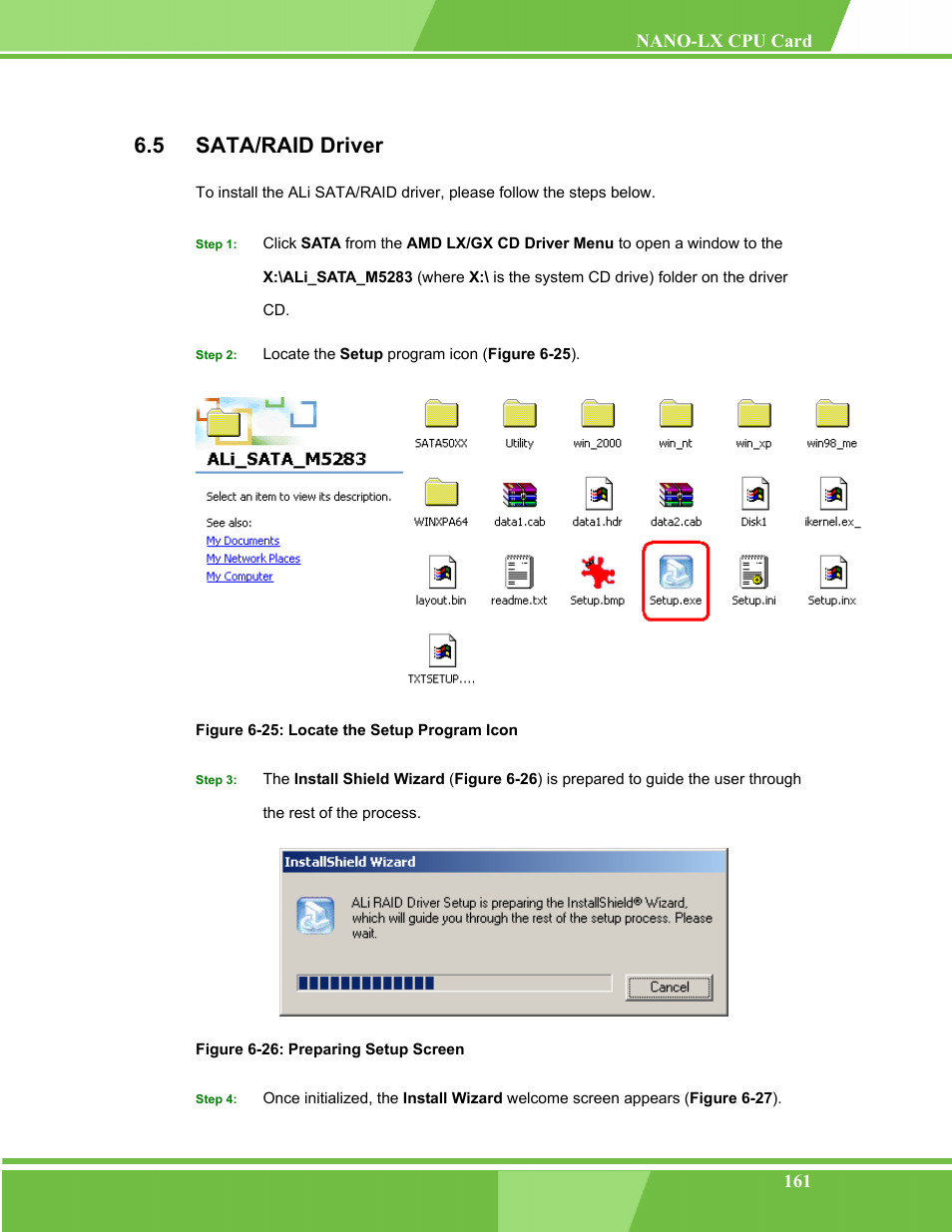 Sata/raid driver, 5 sata/raid, River | Figure 6-25: locate the setup program icon, Figure 6-26: preparing setup screen, 5 sata/raid driver | IEI Integration NANO-LX v1.00 User Manual | Page 161 / 211