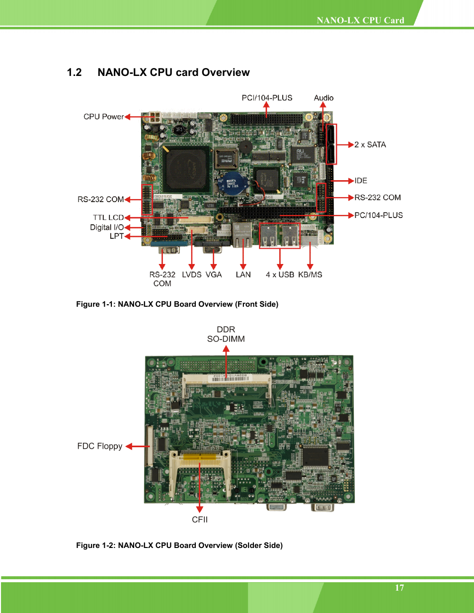 Nano-lx cpu card overview, 2 nano-lx, Card | Verview, Figure 1-2, Nano-lx cpu board overview (solder side) | IEI Integration NANO-LX v1.00 User Manual | Page 17 / 211