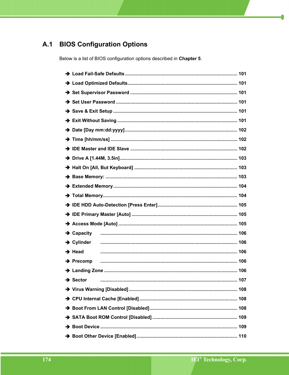 Bios configuration options, A.1 bios, Onfiguration | Ptions, A.1 bios configuration options | IEI Integration NANO-LX v1.00 User Manual | Page 174 / 211