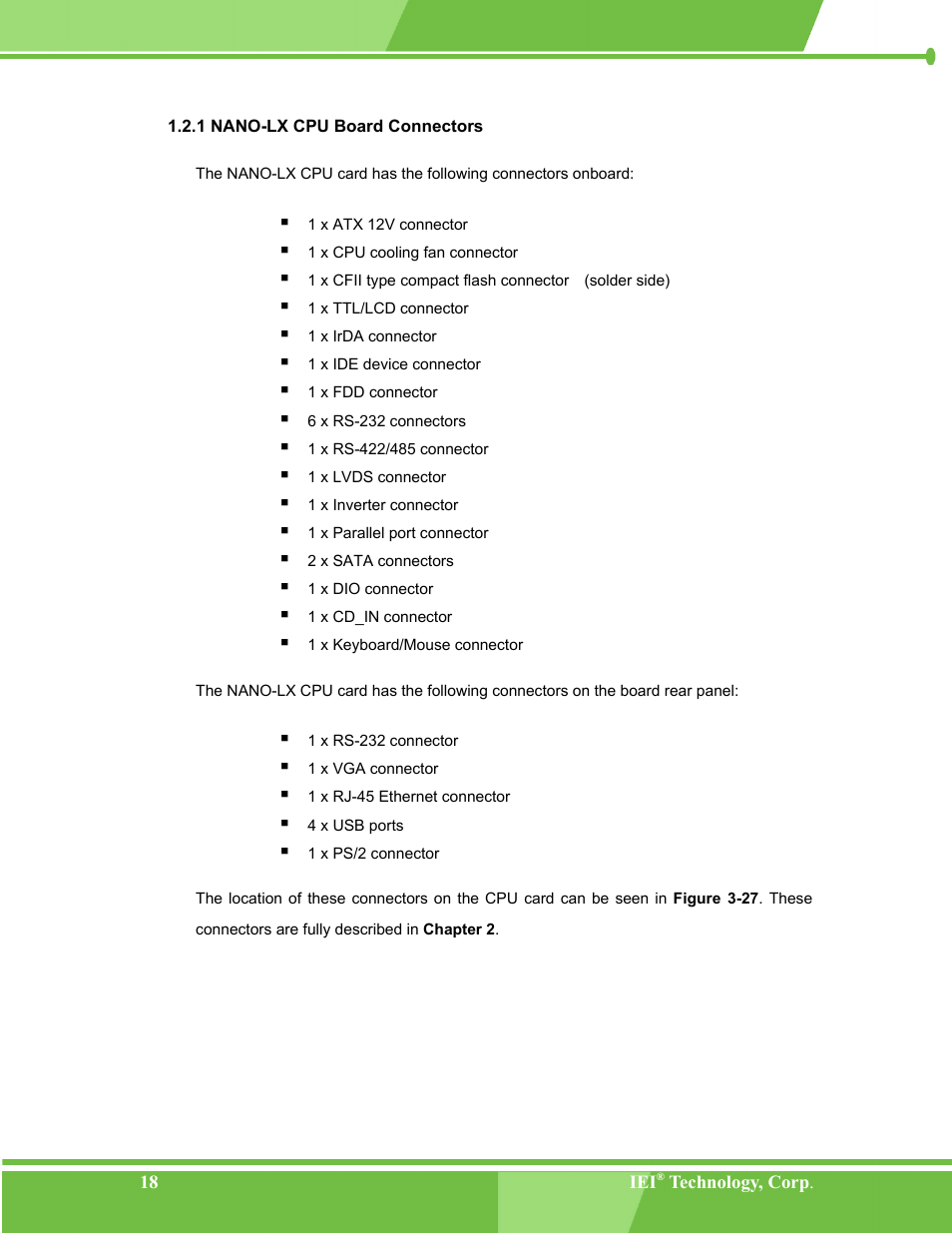 Nano-lx cpu board connectors, 1 nano-lx cpu board connectors | IEI Integration NANO-LX v1.00 User Manual | Page 18 / 211